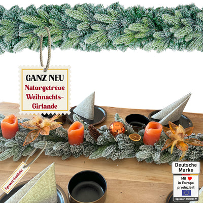 Weihnachtsgirlande künstlich Frost Look I Naturgetreue Nachbildung mit Spritzguss Elementen, Weihnachtsdekoration für Innen, Draußen + Eingangstür Halterung I abgebildete Deko-Elemente sind nicht mit enthalten